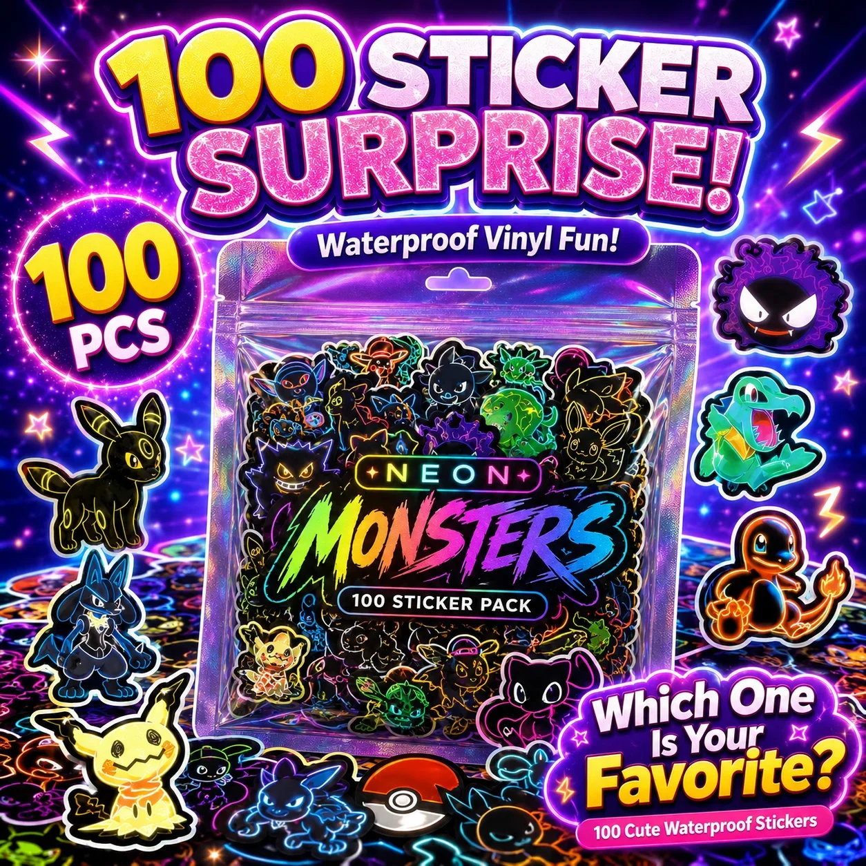 Laptops - 100 stuks neon Pokémon-stickers, waterbestendig, voor